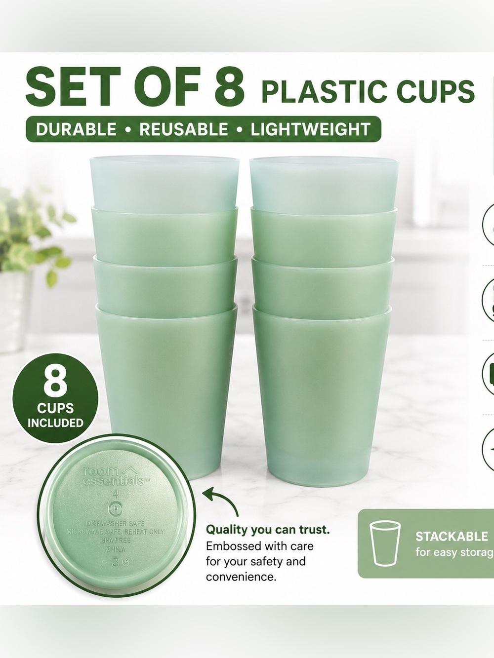 8pc Room Essentials Mint Green Stackable Plastic cups